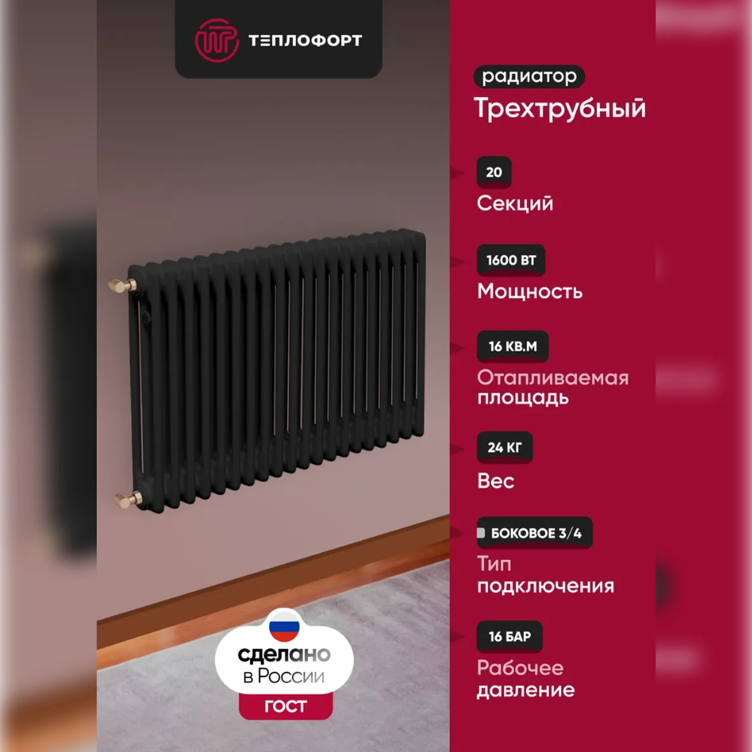 Изображение товара Трубчатый радиатор ТЕПЛОФОРТ 20 секций, черный мат, боковое подключение 3/4 дюйма