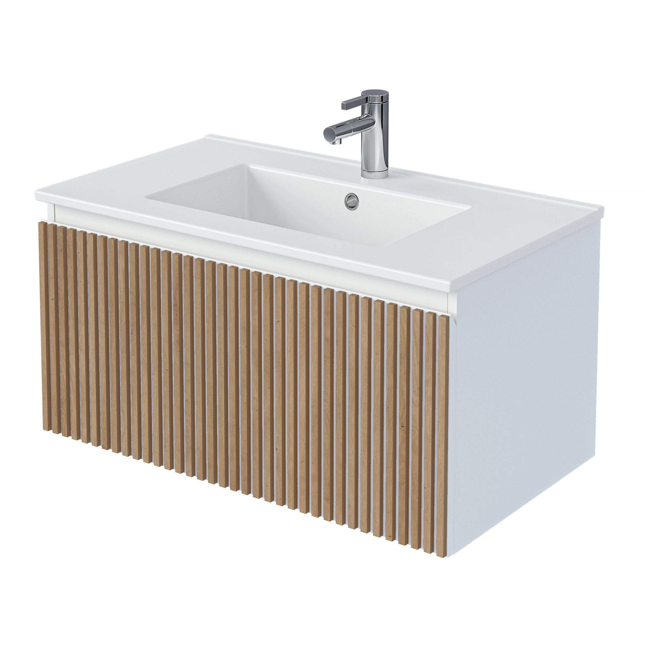 Изображение товара Тумба под раковину 1Marka Row 80П белая с дубовыми рейками, подвесная 800х450 мм