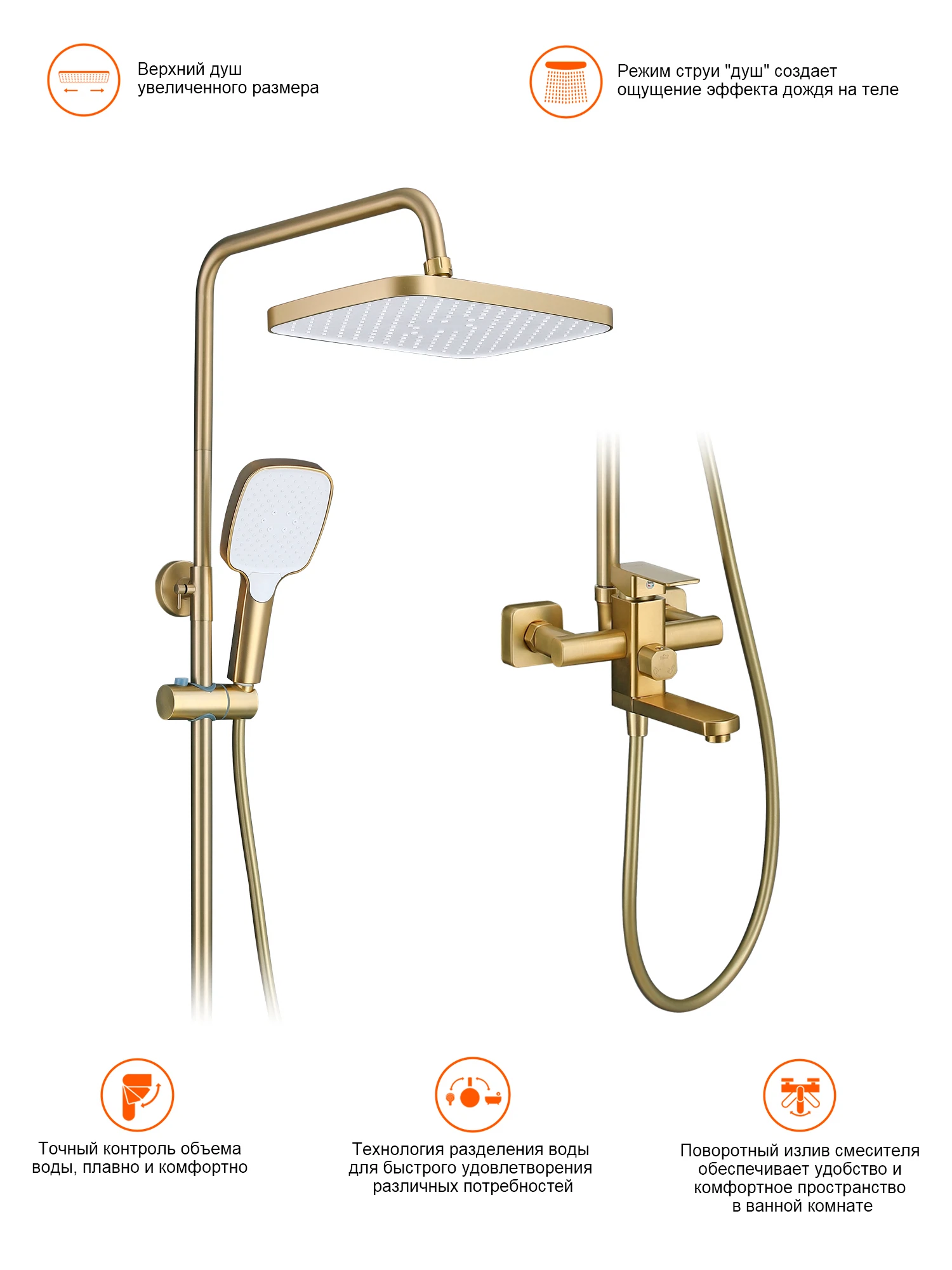 Изображение товара Душевая система Prohanss P60.24.03 для ванны с тропическим душем и золотым сатиновым покрытием