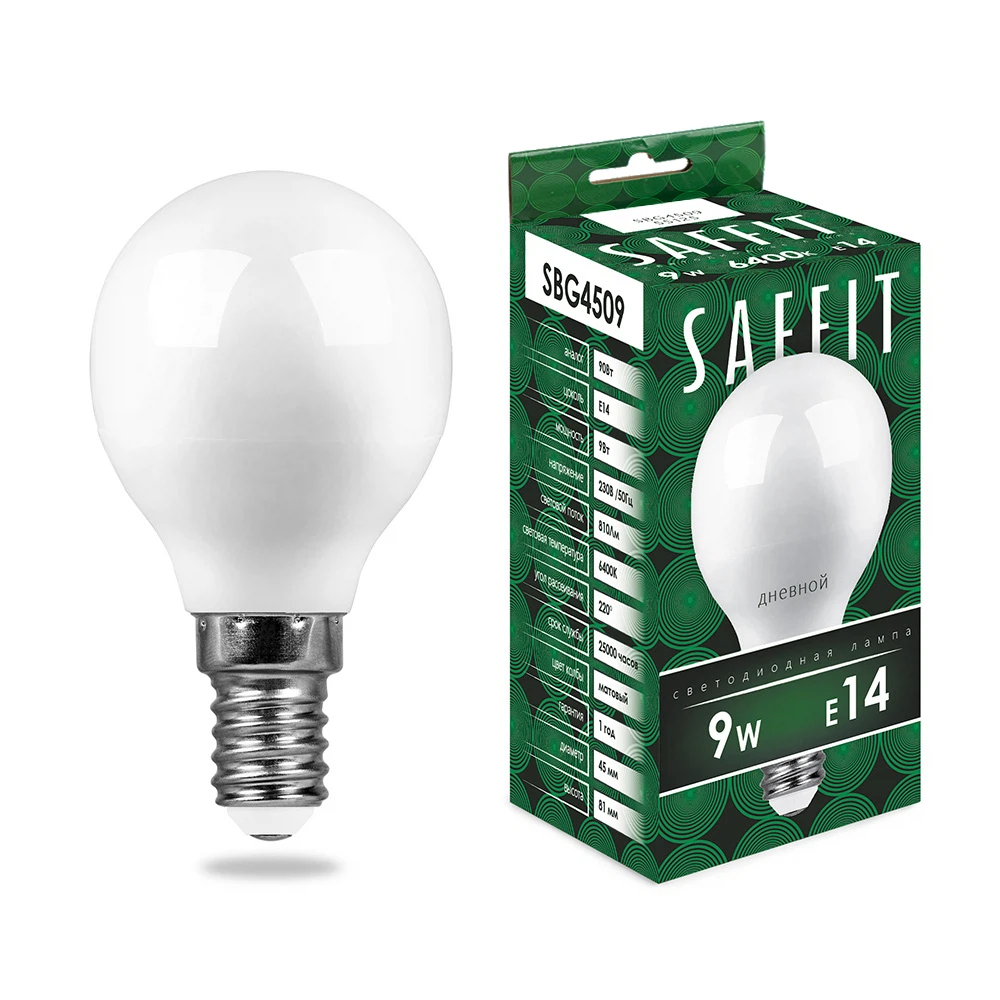 Изображение товара Светодиодная лампа SAFFIT E14 9W Шарик Холодный Свет 6400K