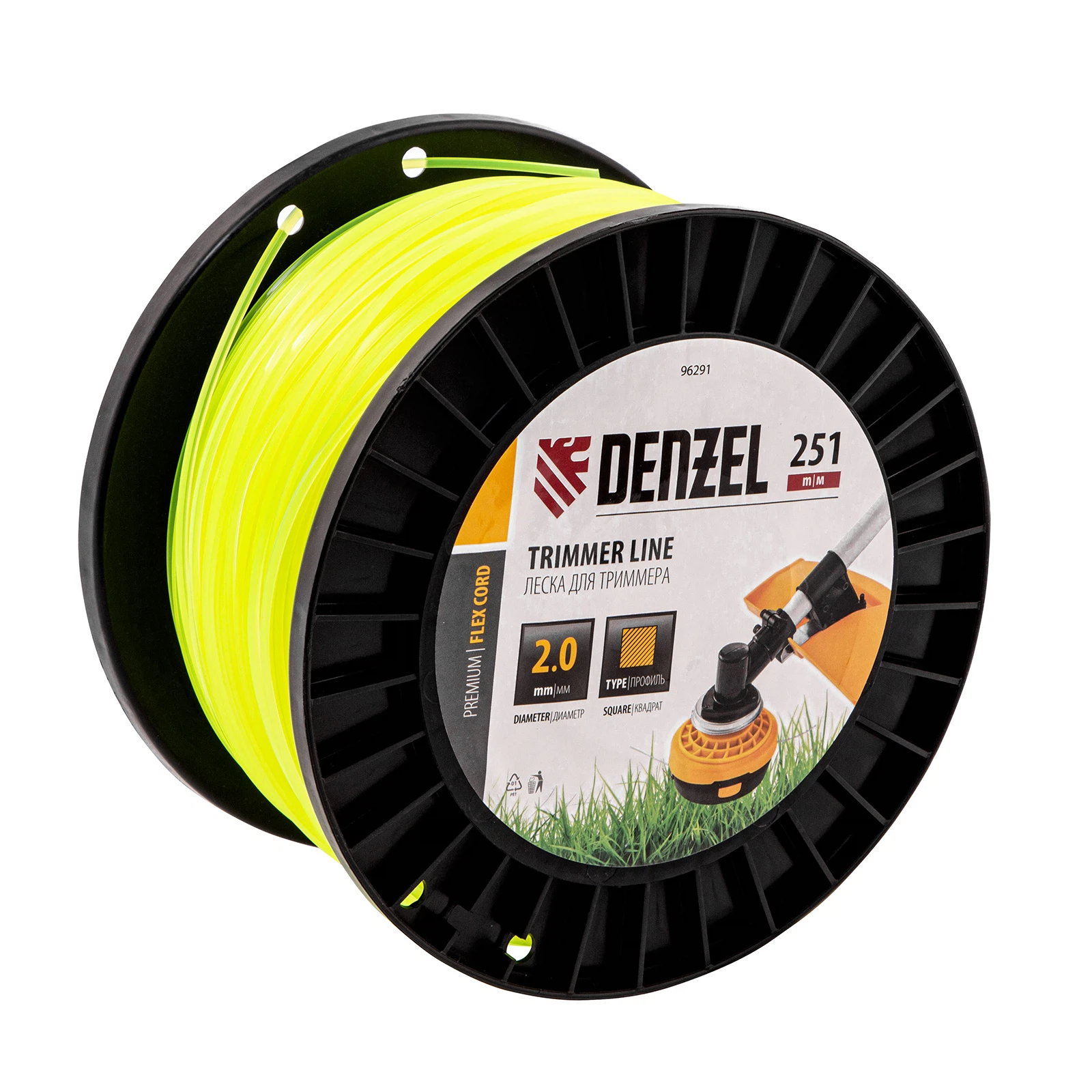 Изображение товара Леска квадратная для триммера Denzel FLEX CORD 2,0 мм, 251 м на DIN-катушке