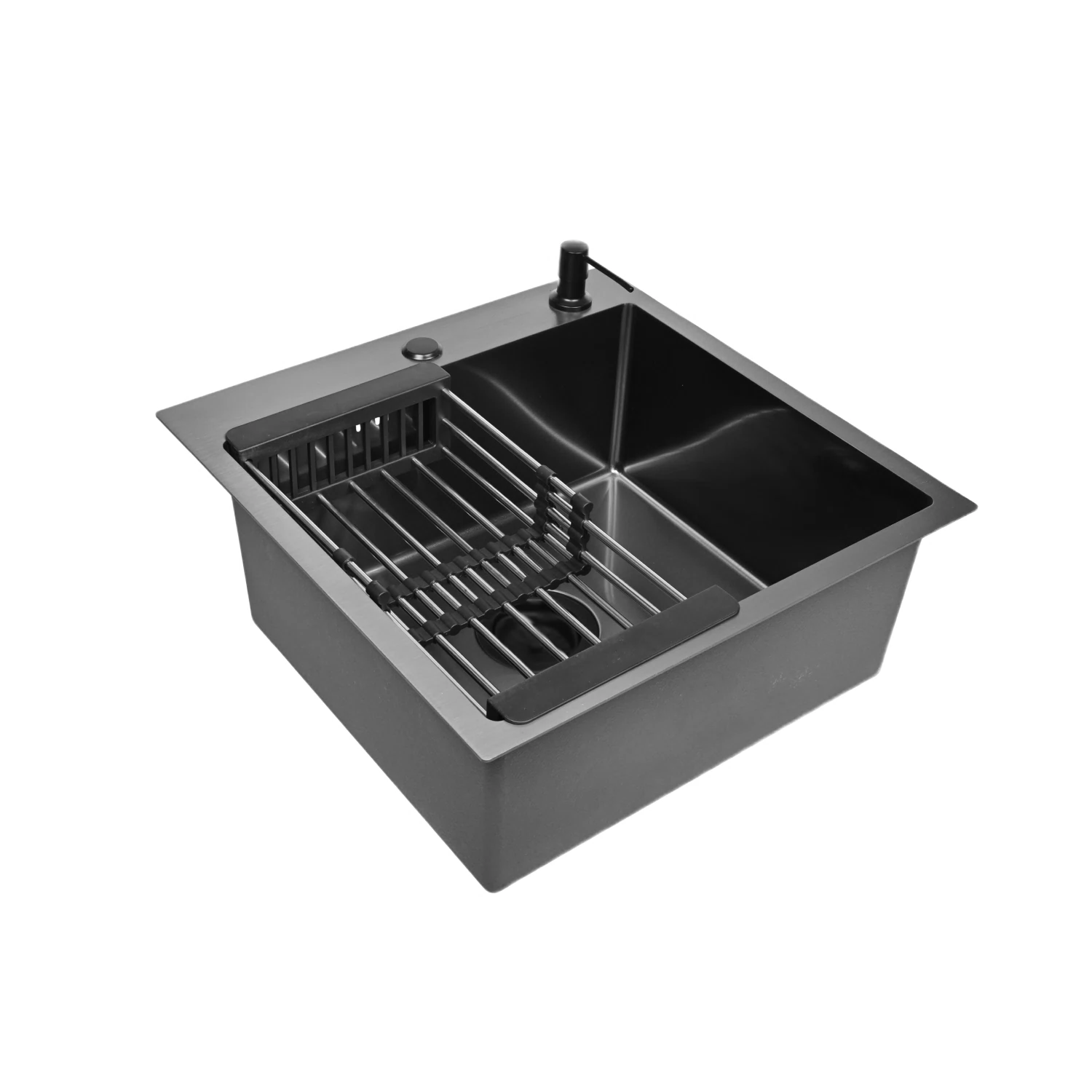 Изображение товара Мойка для кухни нержавеющая 50х50, с PVD покрытием графит. Сифон с ведерком, дозатор, коландер. WGS35050B/W02-114B/W405B/W302644B