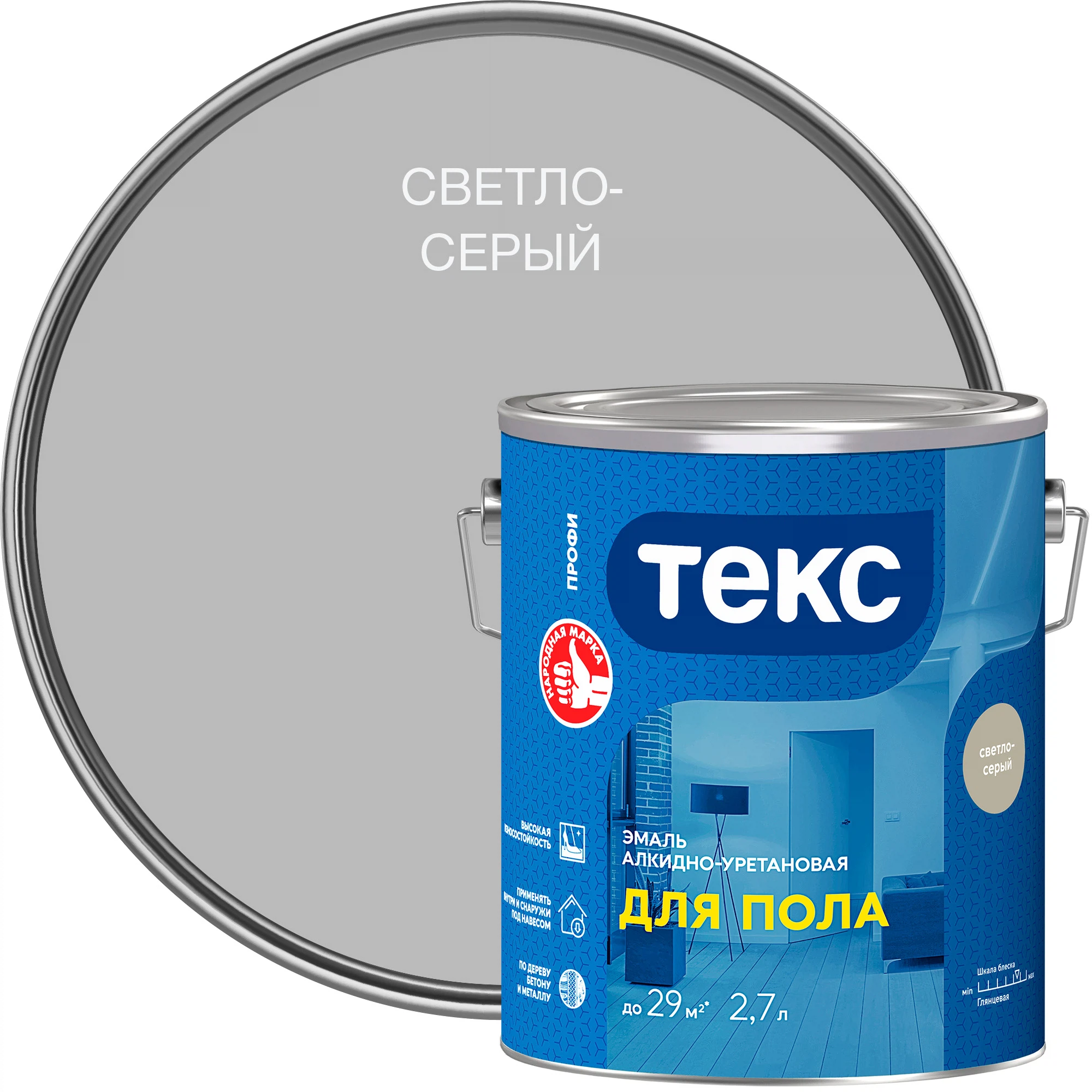 Изображение товара Эмаль ТЕКС ПРОФИ ДЛЯ БЕТОННЫХ ПОЛОВ на алкидно-уретановой основе, светло-серый (2,7л)