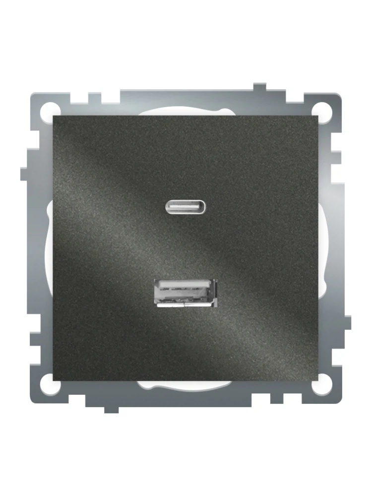 Изображение товара Розетка 2-местная USB + type C (механизм), 250В, 3А, max 20W, серия Катрин, графит, GLS10-7116-06