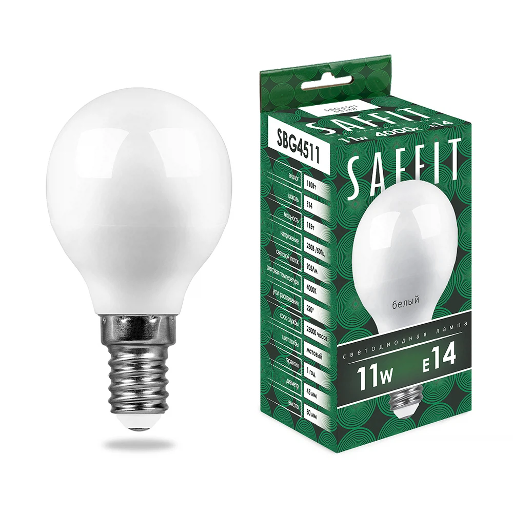 Изображение товара Светодиодная лампа SAFFIT E14 11W нейтральный свет шарик высокого качества