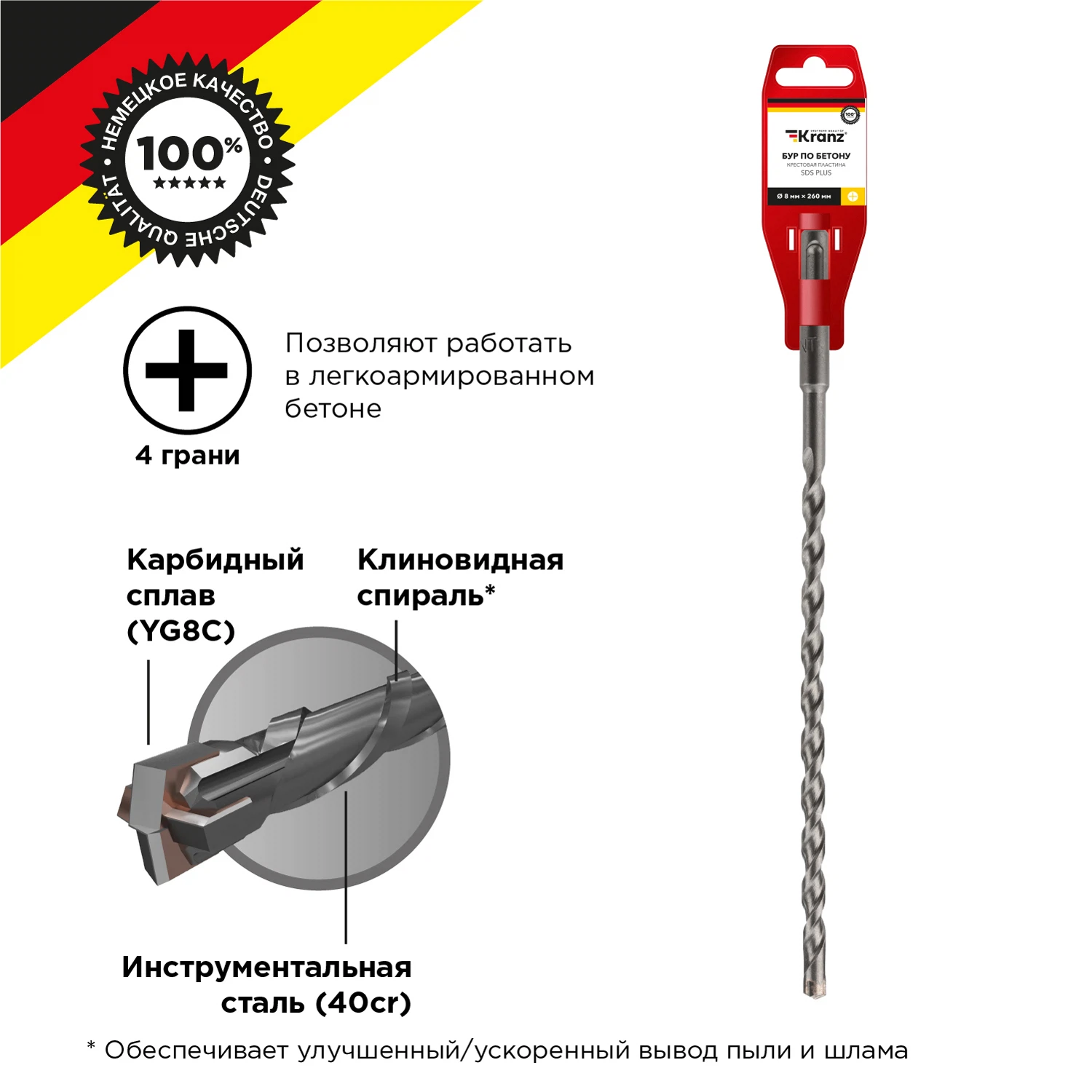 Изображение товара Бур по бетону 8x260x200мм SDS+, KRANZ