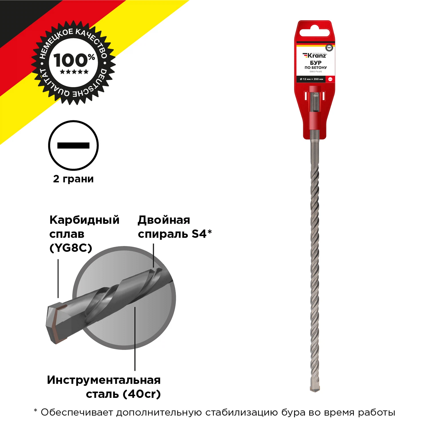 Изображение товара Бур по бетону 12x350x290мм SDS PLUS KRANZ инструментальная сталь
