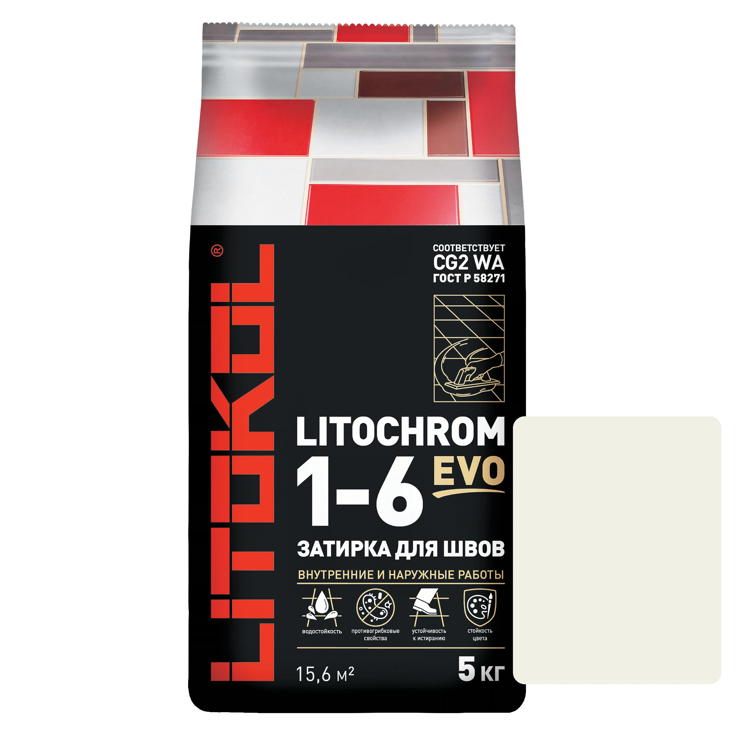 Изображение товара Затирка цементная для межплиточных швов LITOKOL LITOCHROM 1-6 EVO LE 5кг белая